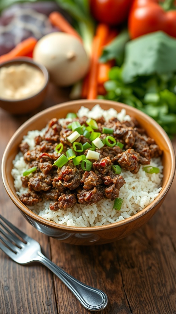 A hamburger rice bowl with ground beef and rice, garnished with green onions, on a rustic table.